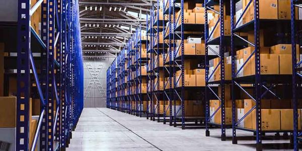 Warehouse with packages on shelves - 3D illustration